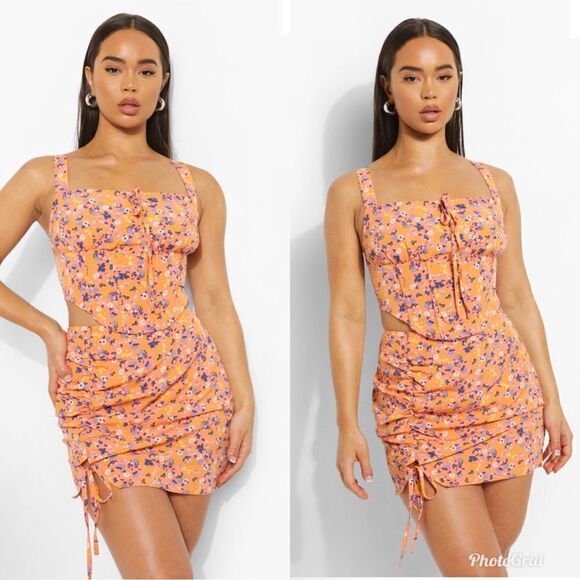 Boohoo RUCHED BUST CORSET TOP & MINI SKIRT 2 piece set CO-ORD - Picture 1 of 12